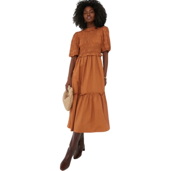 Anthropologie Moon River Caramel Smocked Midi Dress Puff Sleeve M - Picture 3 of 15